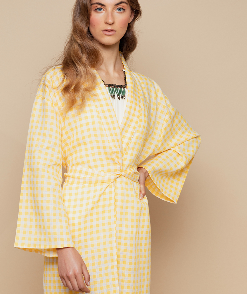 Gelb karierter Kimono zum Binden