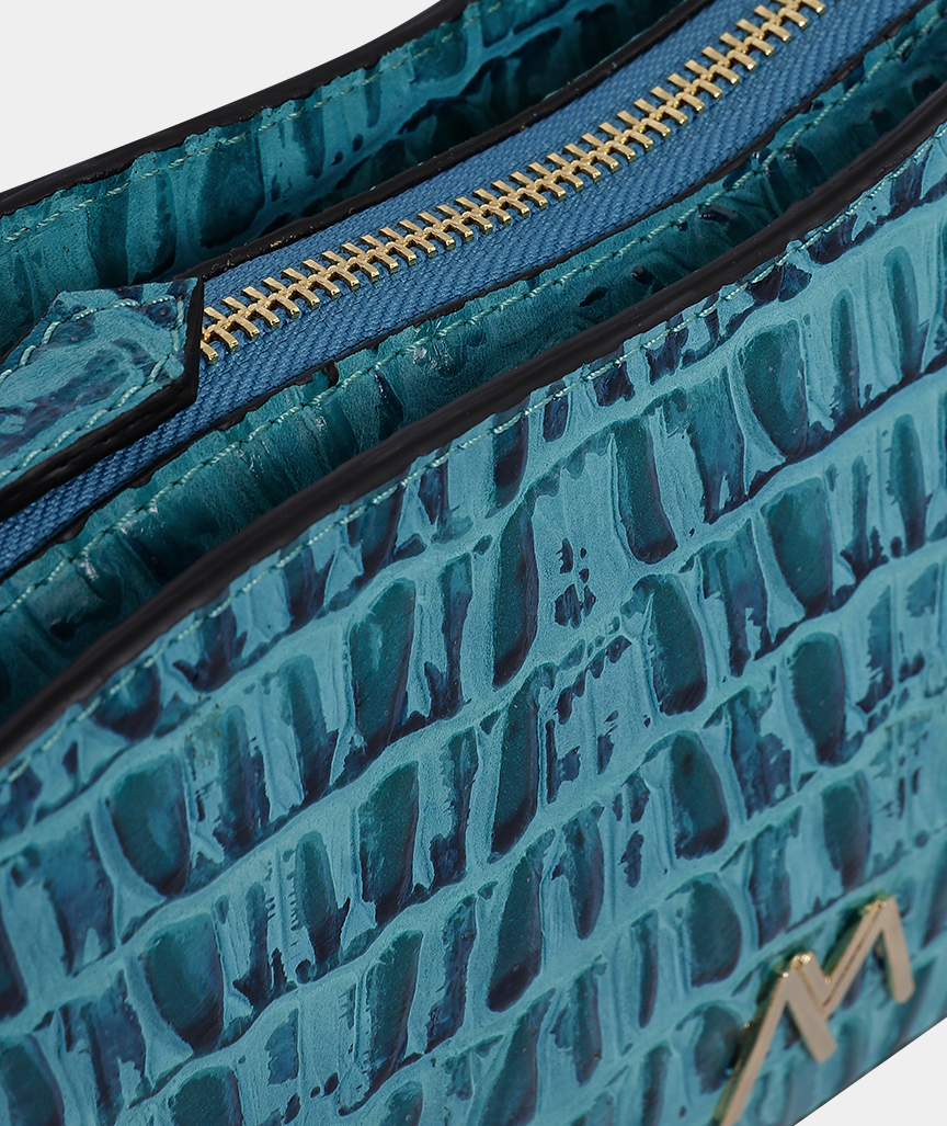 Ephron Leder Baguette Tasche in Blau Krokodil geprägt